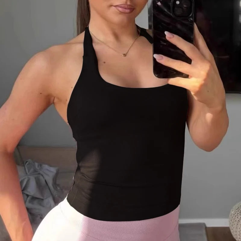 ZENVY Women’s Seamless Strappy Gym Crop Top – Padded Backless Sports Bra Tank for Yoga & Fitness