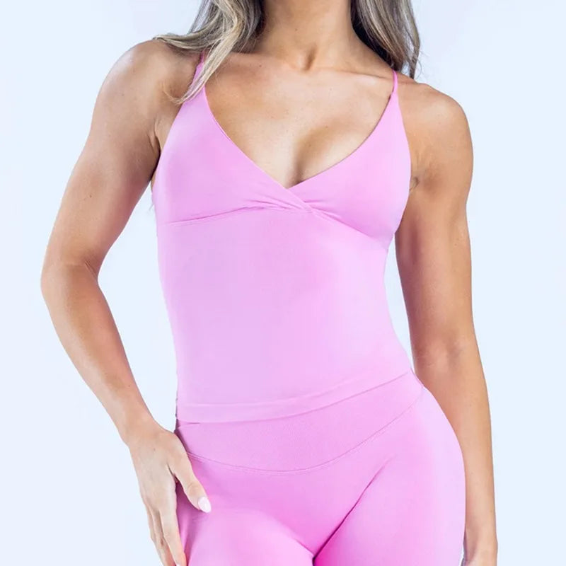 ZENVY Seamless Cross-Back Sports Tank – Padded Backless Gym & Yoga Top for Women