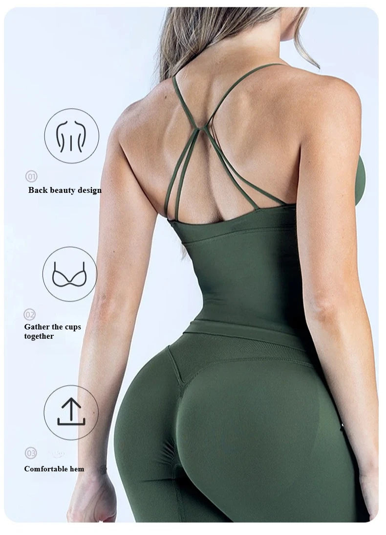 ZENVY Seamless Cross-Back Sports Tank – Padded Backless Gym & Yoga Top for Women